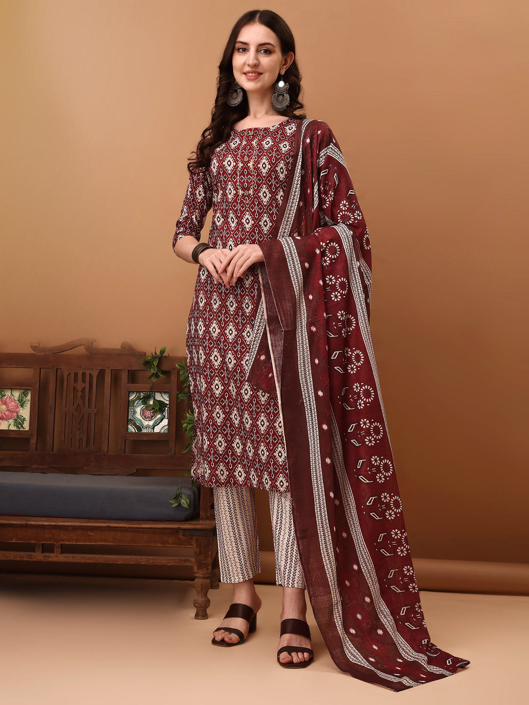 Ethnic Motifs Printed Kurta With Pant & Dupatta, Wine - Hiral Fashion | Grocsy