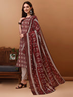 Ethnic Motifs Printed Kurta With Pant & Dupatta, Wine - Hiral Fashion | Grocsy