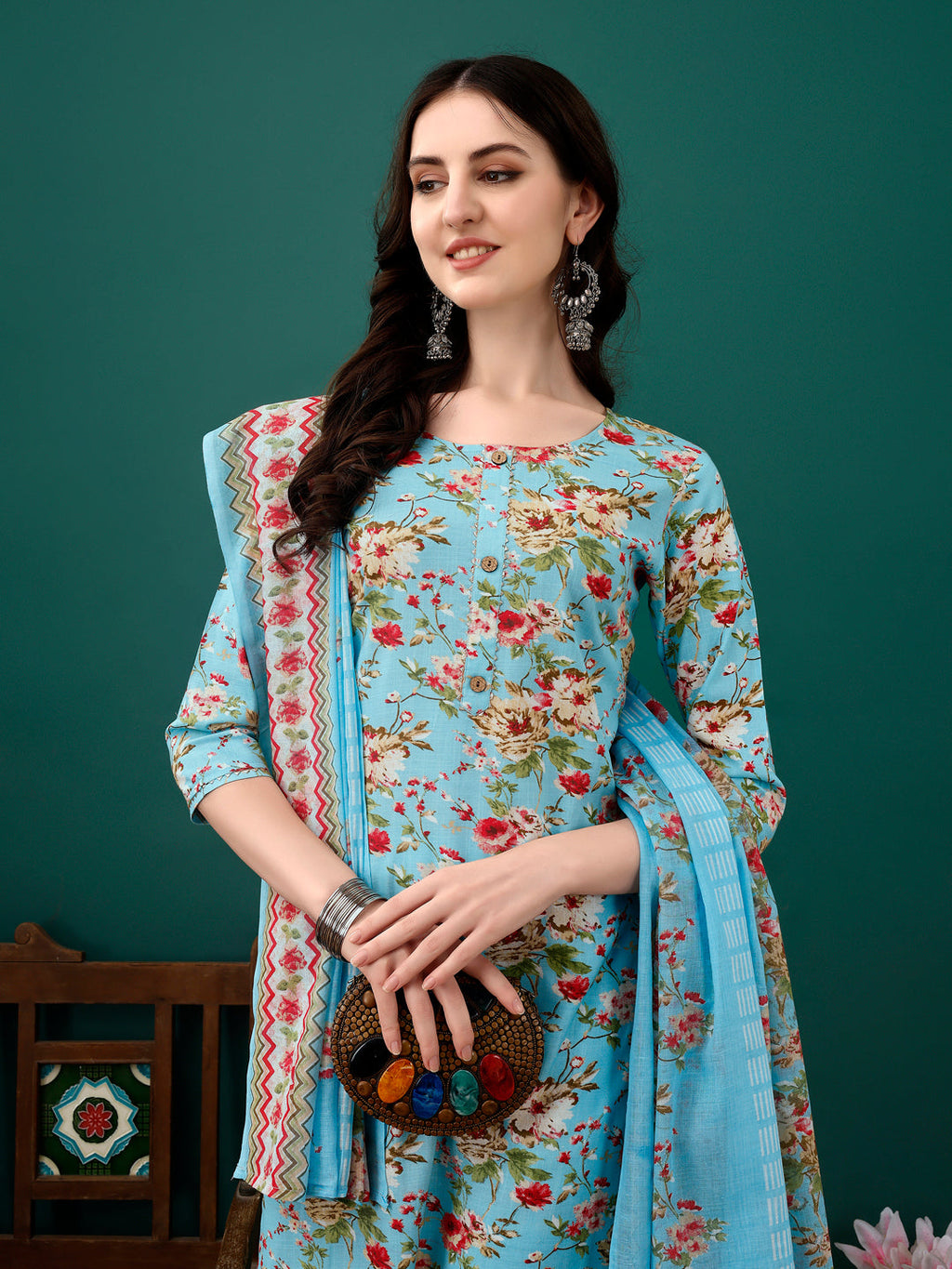 Floral Printed Kurta With Pant & Dupatta, Blue - Hiral Fashion | Grocsy