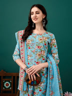 Floral Printed Kurta With Pant & Dupatta, Blue - Hiral Fashion | Grocsy