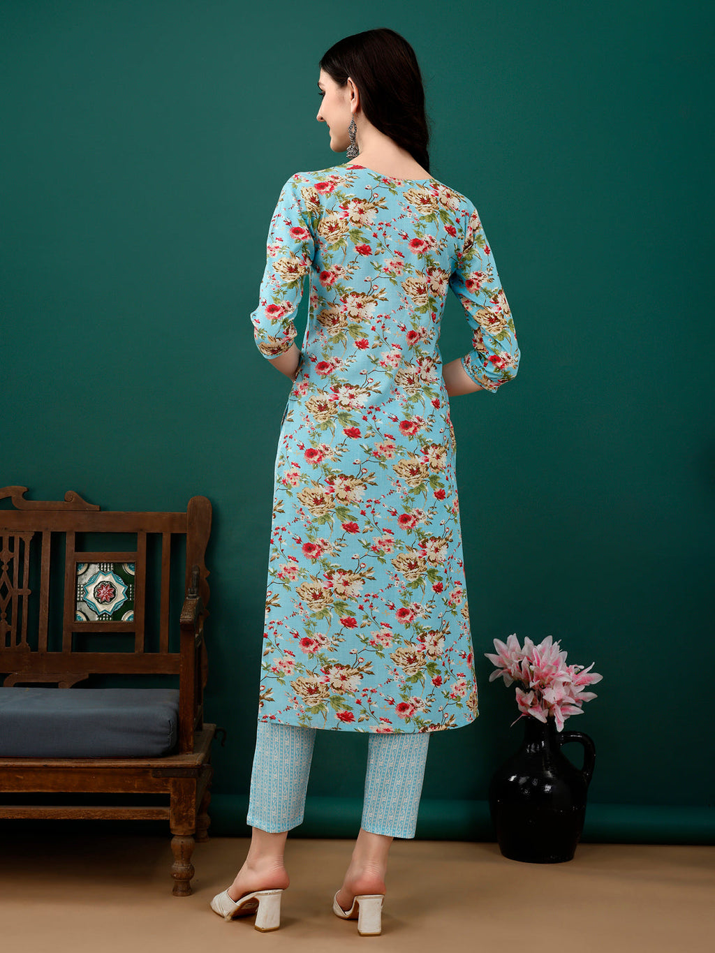 Floral Printed Kurta With Pant & Dupatta, Blue - Hiral Fashion | Grocsy