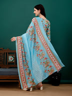 Floral Printed Kurta With Pant & Dupatta, Blue - Hiral Fashion | Grocsy