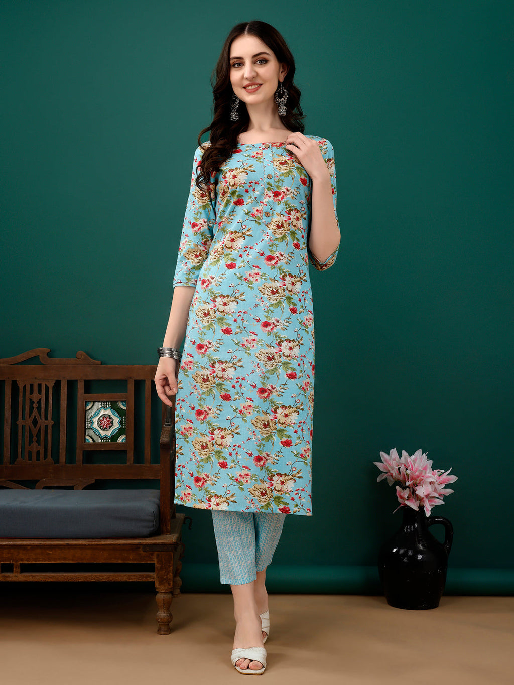 Floral Printed Kurta With Pant & Dupatta, Blue - Hiral Fashion | Grocsy