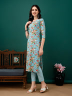 Floral Printed Kurta With Pant & Dupatta, Blue - Hiral Fashion | Grocsy