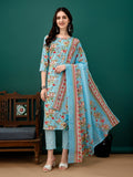Floral Printed Kurta With Pant & Dupatta, Blue - Hiral Fashion | Grocsy