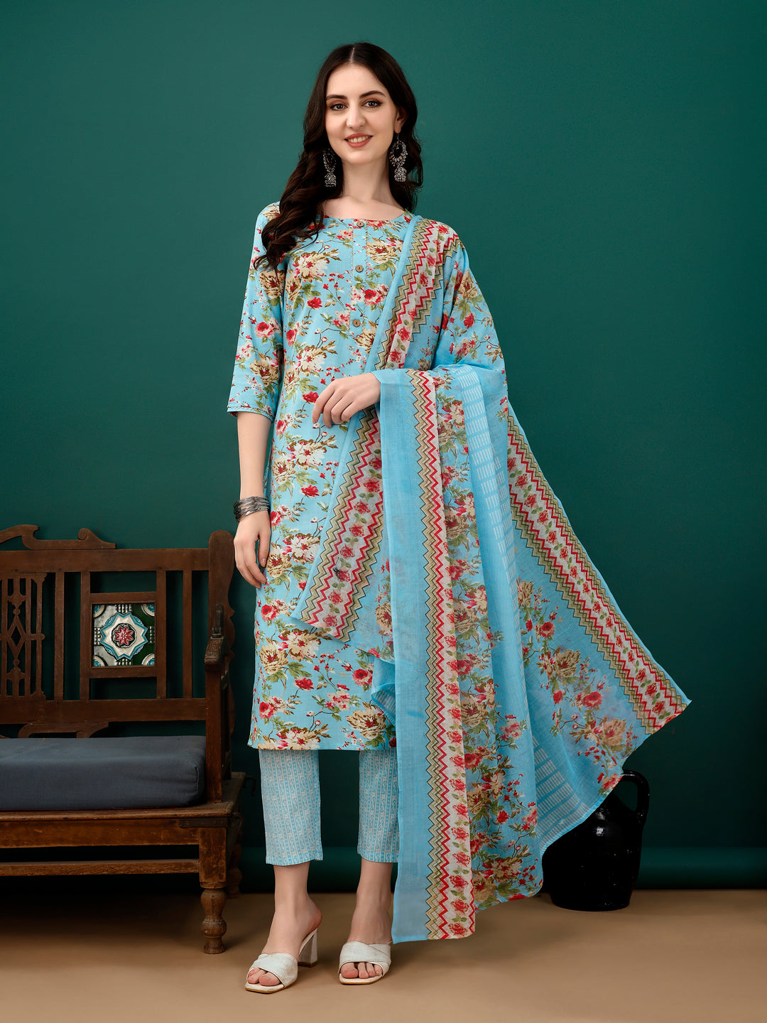 Floral Printed Kurta With Pant & Dupatta, Blue - Hiral Fashion | Grocsy