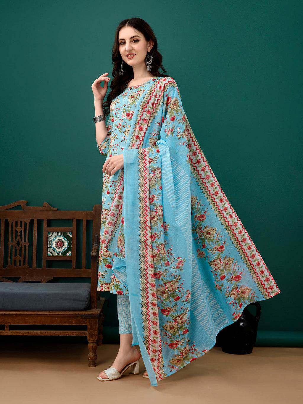 Floral Printed Kurta With Pant & Dupatta, Blue - Hiral Fashion | Grocsy