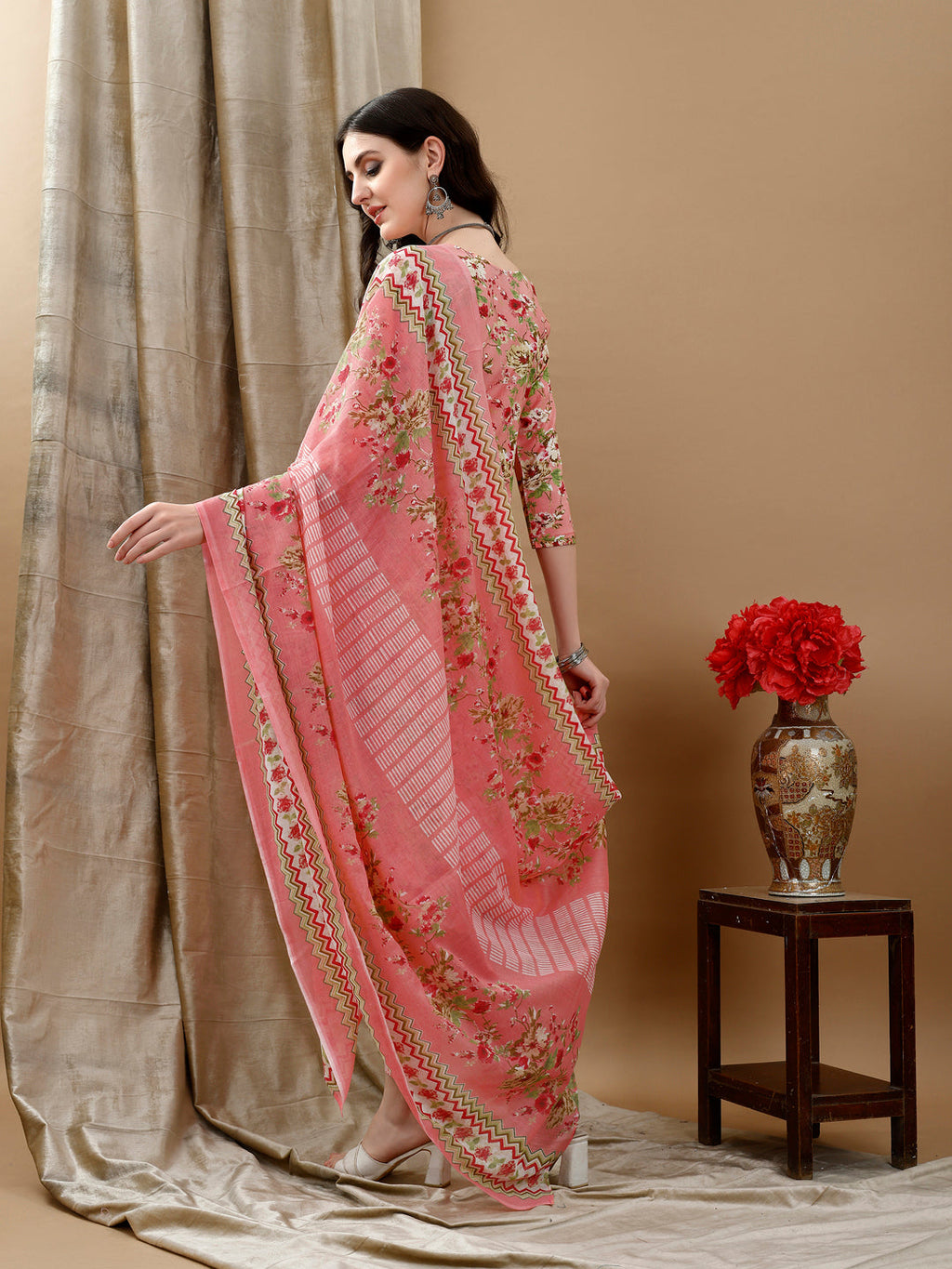 Floral Printed Kurta With Pant & Dupatta, Peach - Hiral Fashion | Grocsy