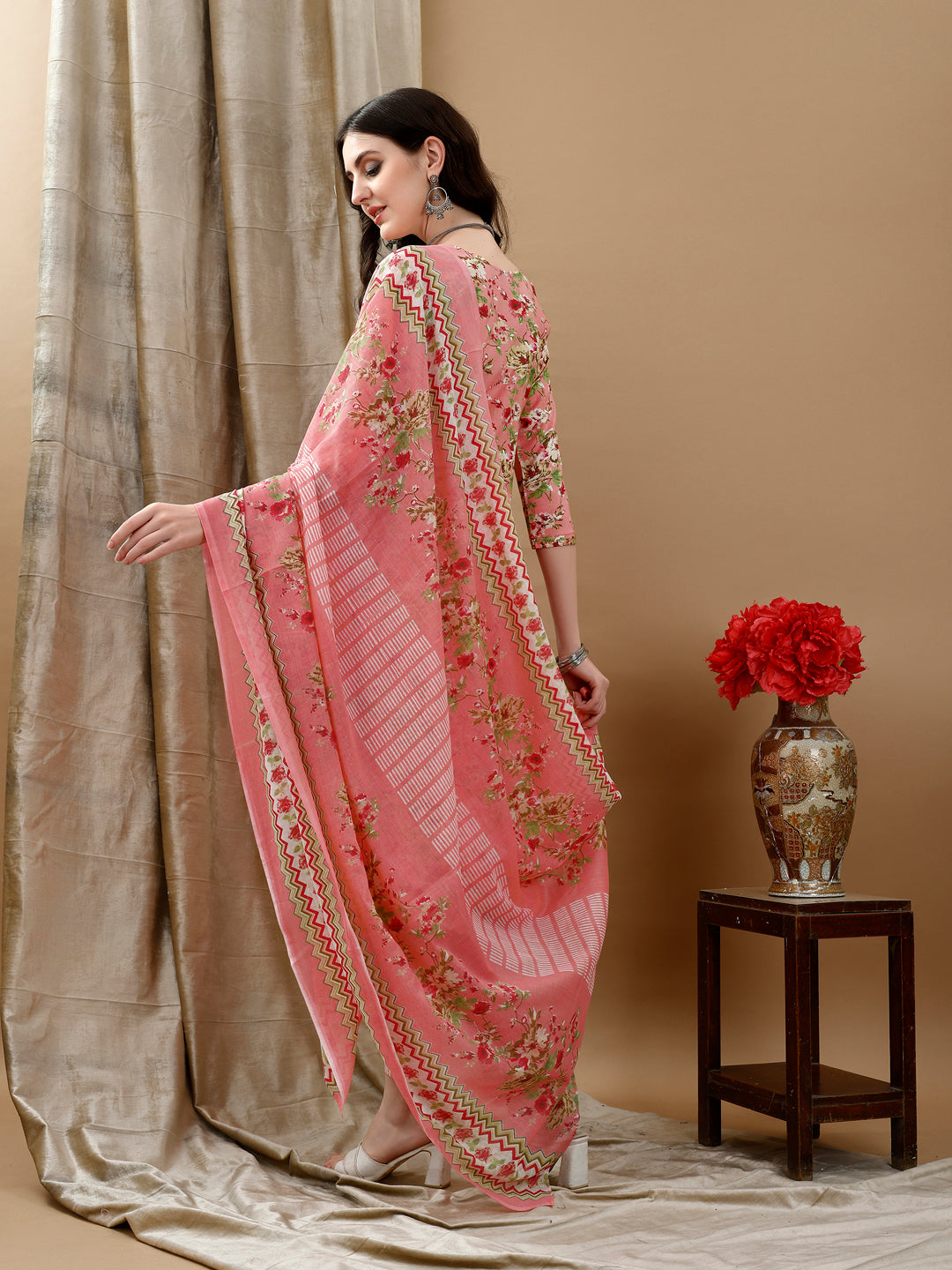 Floral Printed Kurta With Pant & Dupatta, Peach - Hiral Fashion | Grocsy