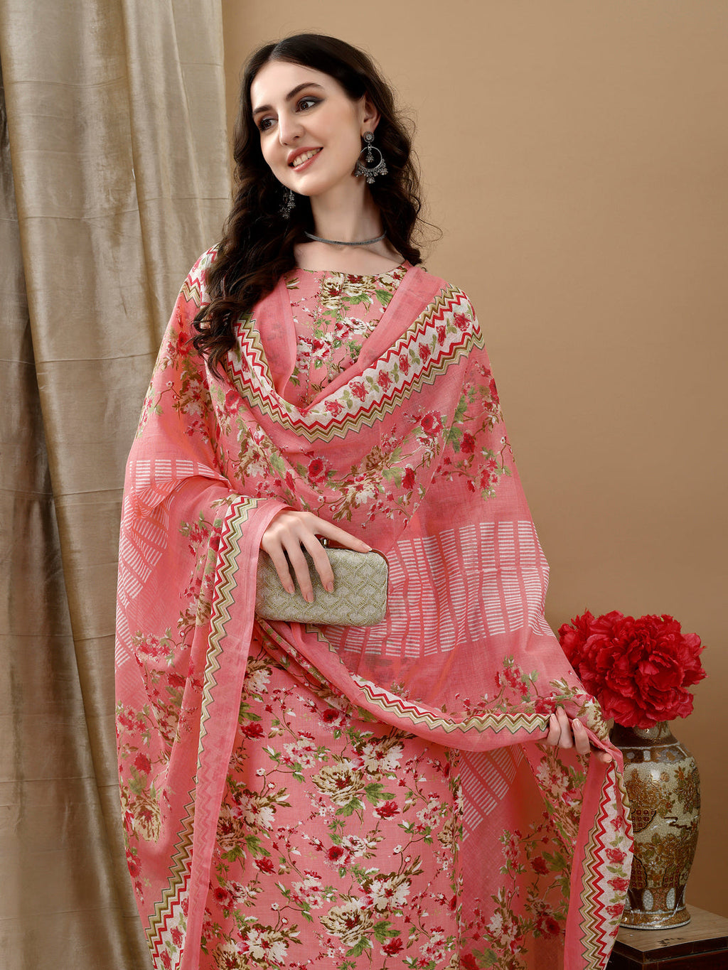 Floral Printed Kurta With Pant & Dupatta, Peach - Hiral Fashion | Grocsy