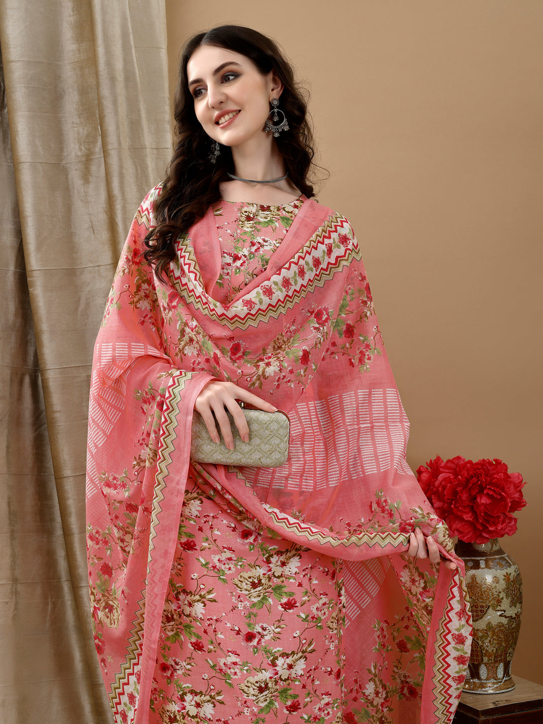 Floral Printed Kurta With Pant & Dupatta, Peach - Hiral Fashion | Grocsy