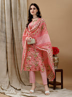 Floral Printed Kurta With Pant & Dupatta, Peach - Hiral Fashion | Grocsy