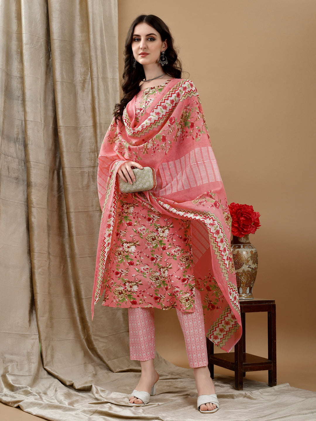 Floral Printed Kurta With Pant & Dupatta, Peach - Hiral Fashion | Grocsy