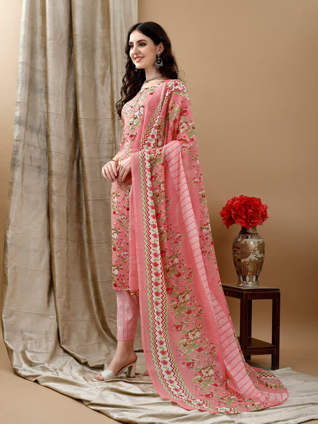 Floral Printed Kurta With Pant & Dupatta, Peach - Hiral Fashion | Grocsy
