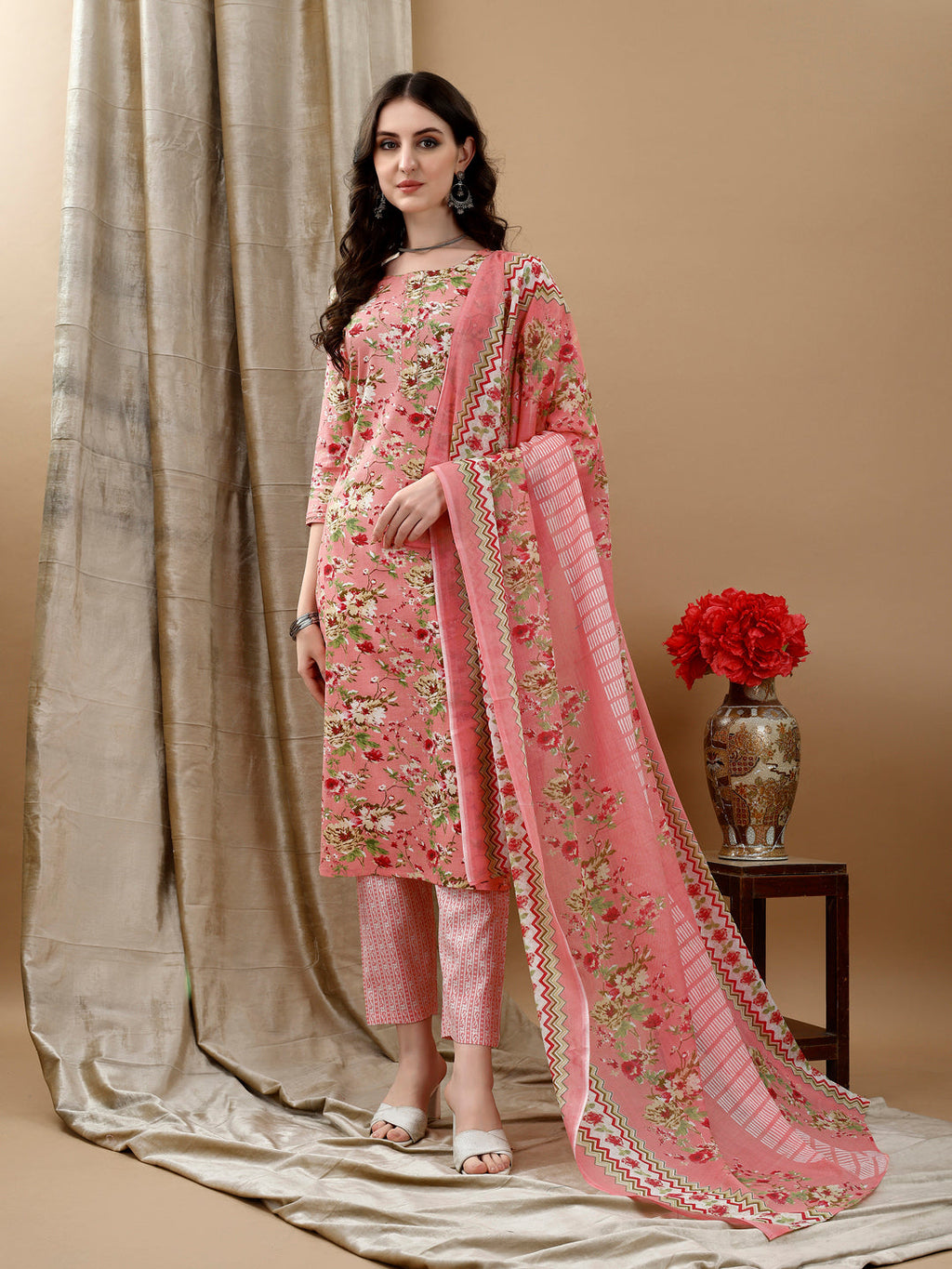 Floral Printed Kurta With Pant & Dupatta, Peach - Hiral Fashion | Grocsy
