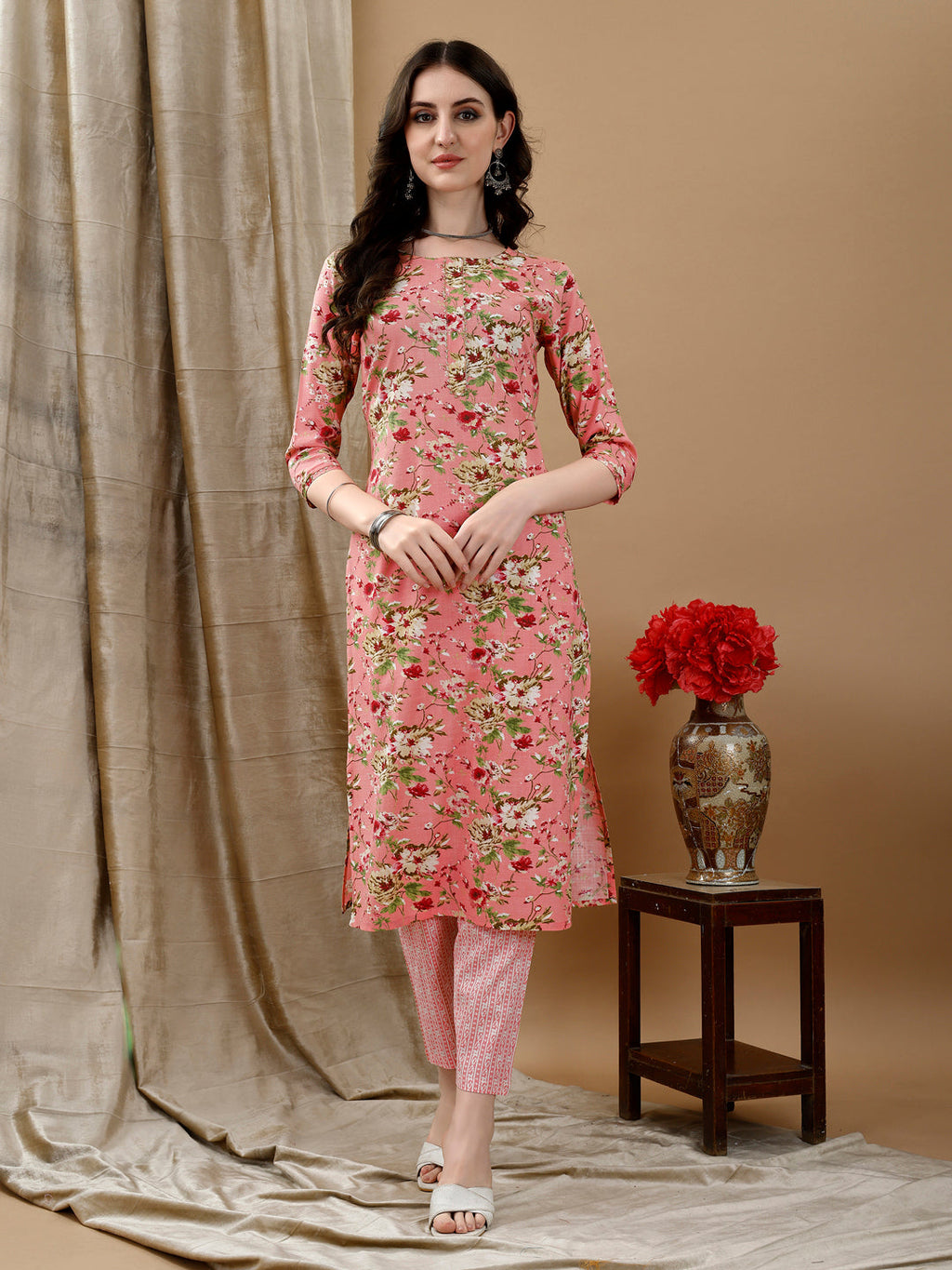 Floral Printed Kurta With Pant & Dupatta, Peach - Hiral Fashion | Grocsy