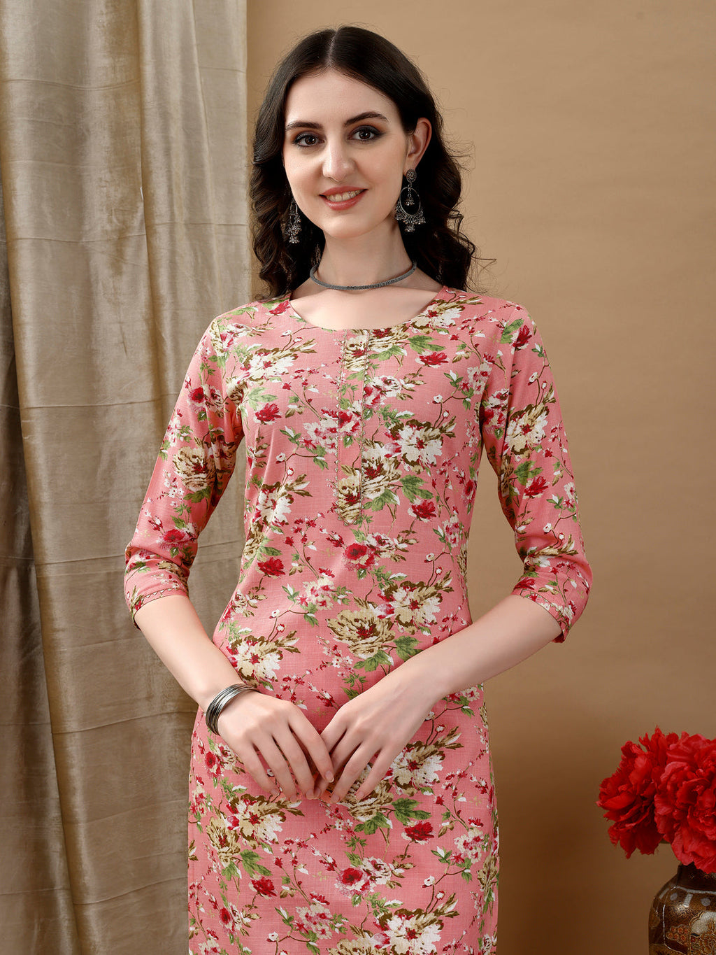 Floral Printed Kurta With Pant & Dupatta, Peach - Hiral Fashion | Grocsy