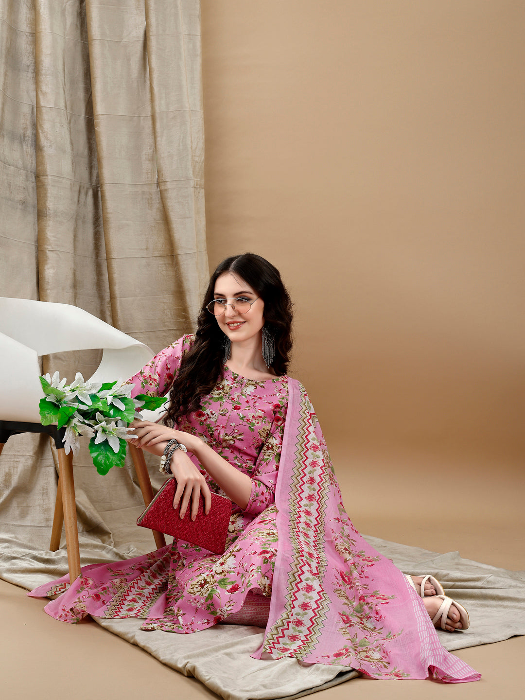 Floral Printed Kurta With Pant & Dupatta, Pink - Hiral Fashion | Grocsy