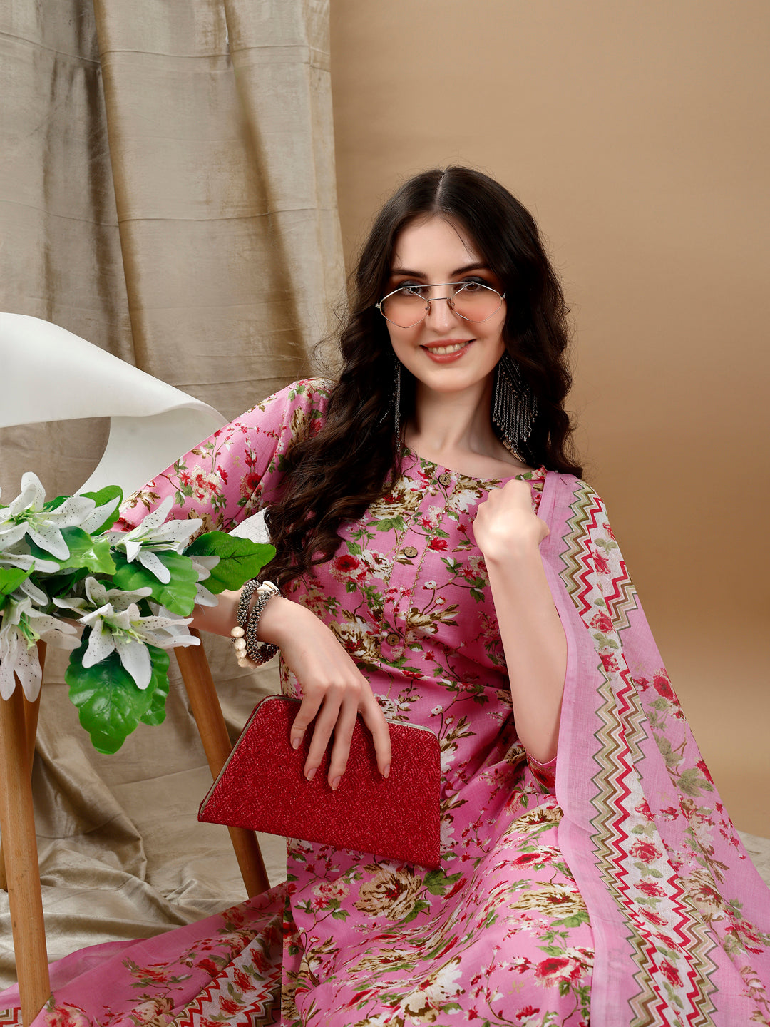 Floral Printed Kurta With Pant & Dupatta, Pink - Hiral Fashion | Grocsy