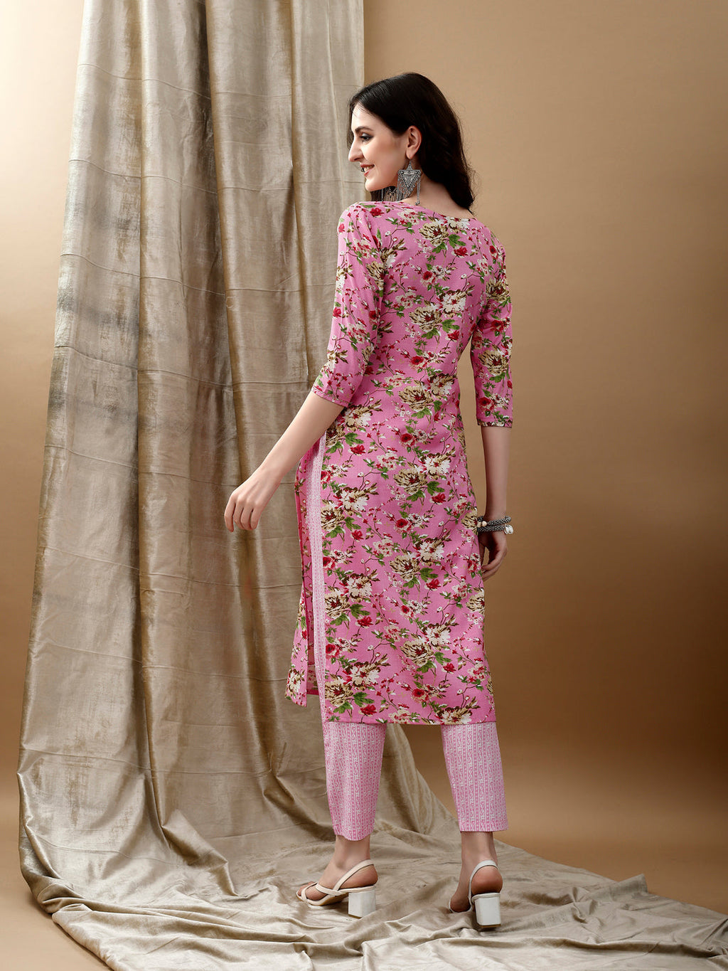 Floral Printed Kurta With Pant & Dupatta, Pink - Hiral Fashion | Grocsy