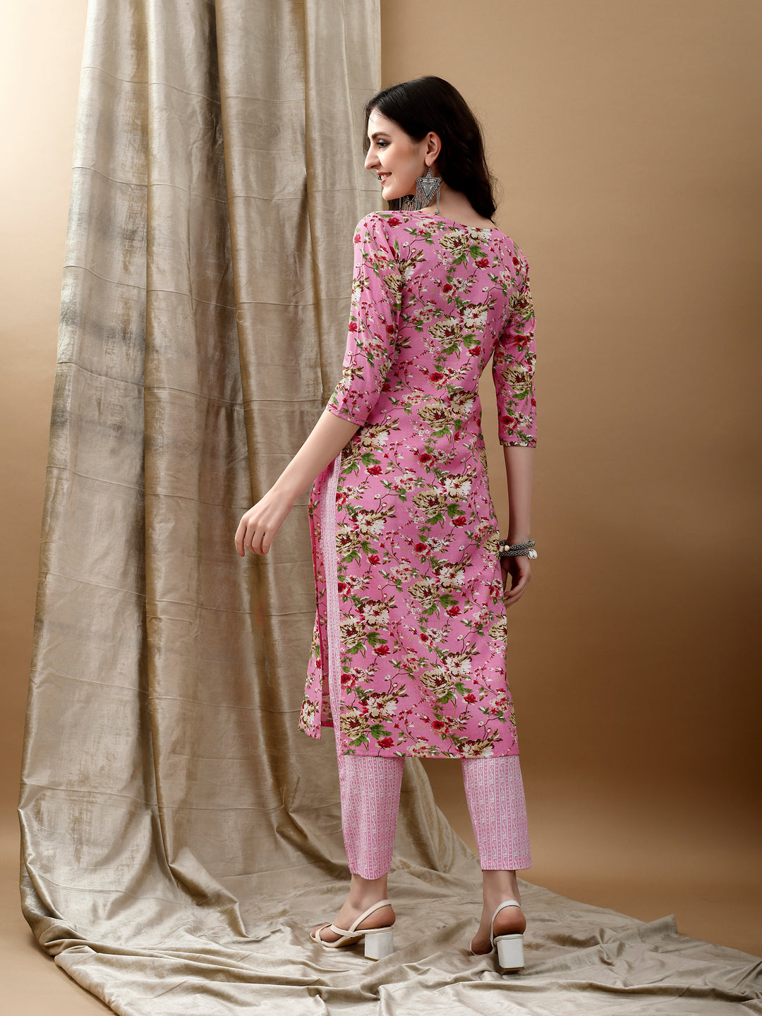 Floral Printed Kurta With Pant & Dupatta, Pink - Hiral Fashion | Grocsy
