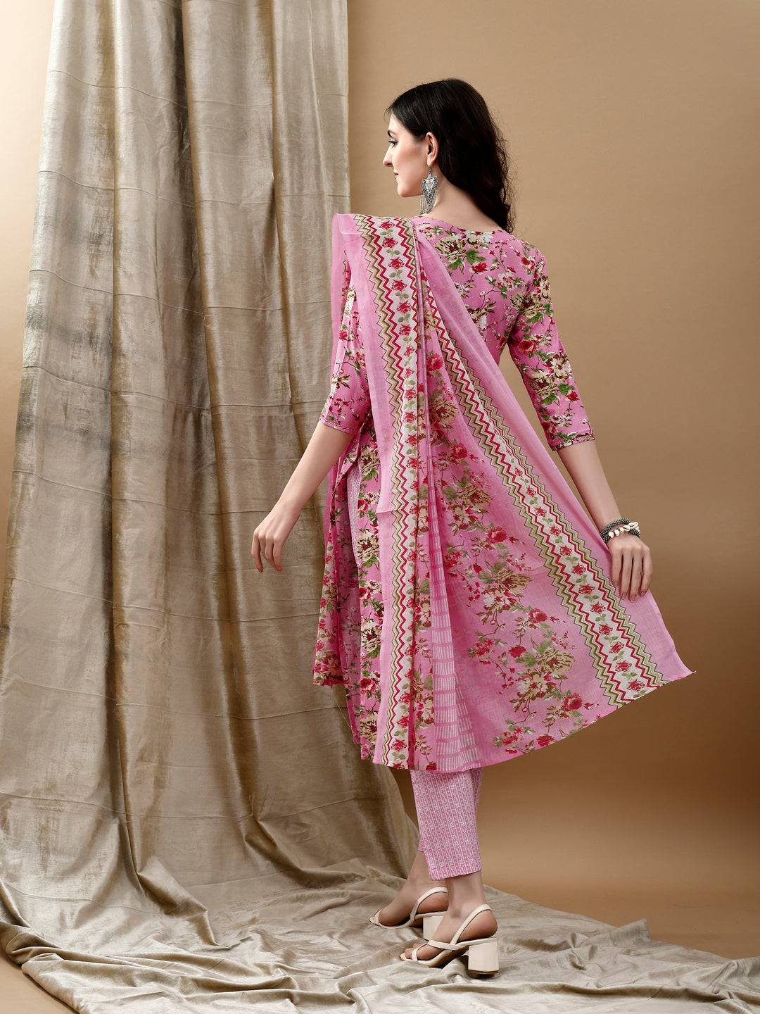 Floral Printed Kurta With Pant & Dupatta, Pink - Hiral Fashion | Grocsy