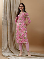 Floral Printed Kurta With Pant & Dupatta, Pink - Hiral Fashion | Grocsy