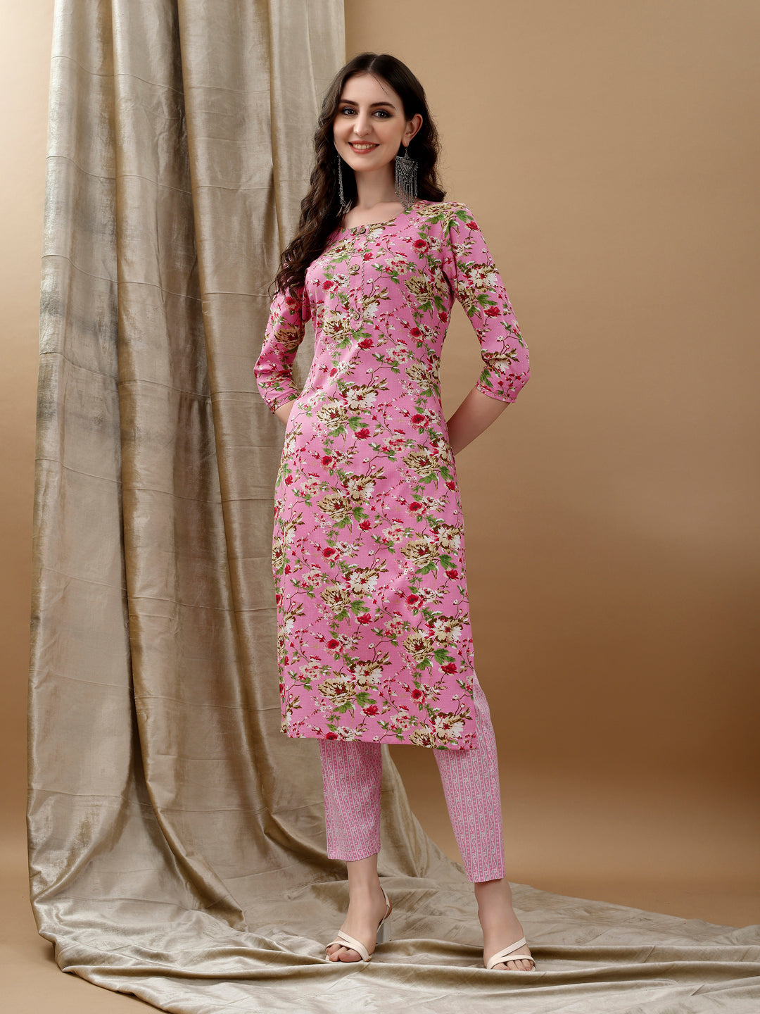Floral Printed Kurta With Pant & Dupatta, Pink - Hiral Fashion | Grocsy