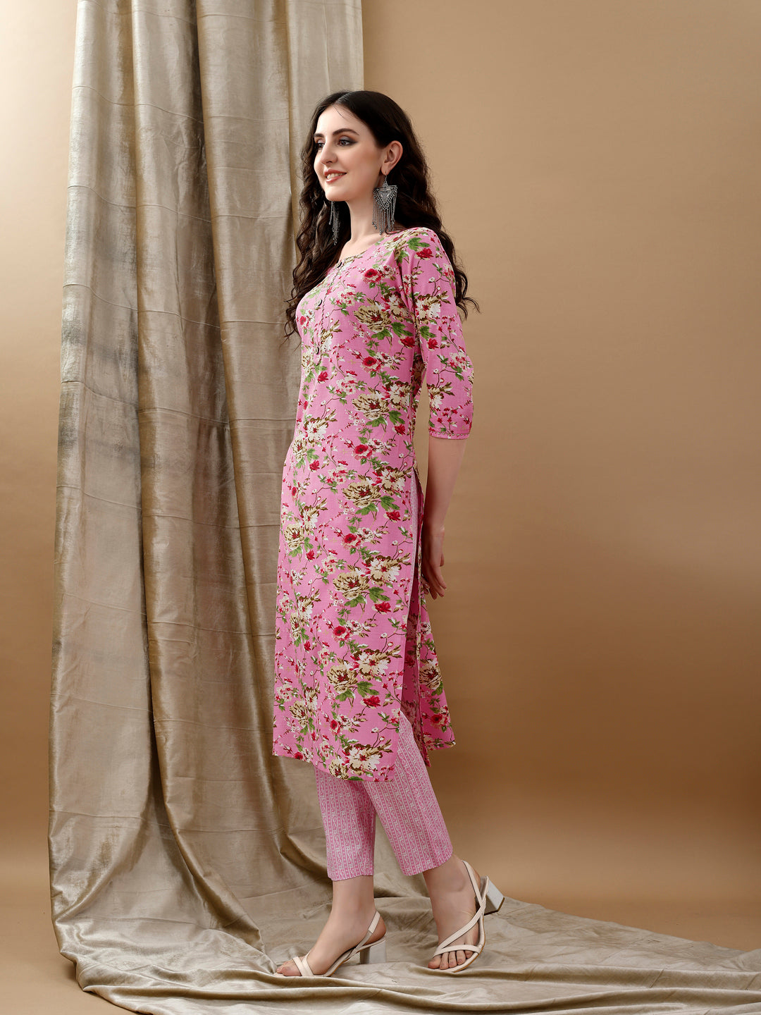 Floral Printed Kurta With Pant & Dupatta, Pink - Hiral Fashion | Grocsy