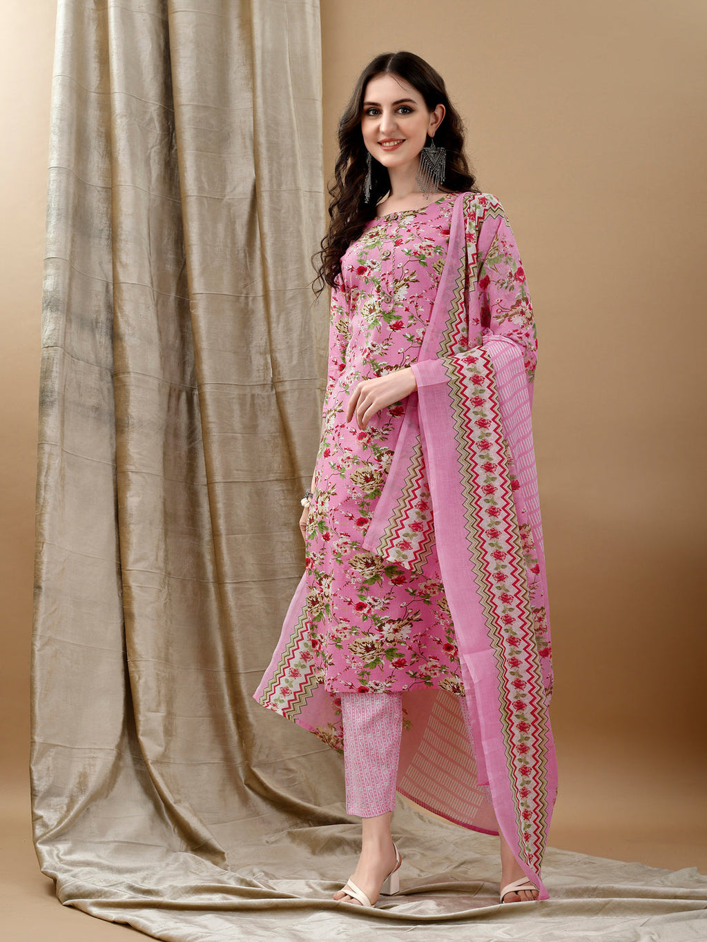 Floral Printed Kurta With Pant & Dupatta, Pink - Hiral Fashion | Grocsy