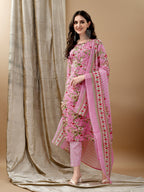 Floral Printed Kurta With Pant & Dupatta, Pink - Hiral Fashion | Grocsy