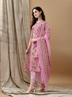 Floral Printed Kurta With Pant & Dupatta, Pink - Hiral Fashion | Grocsy