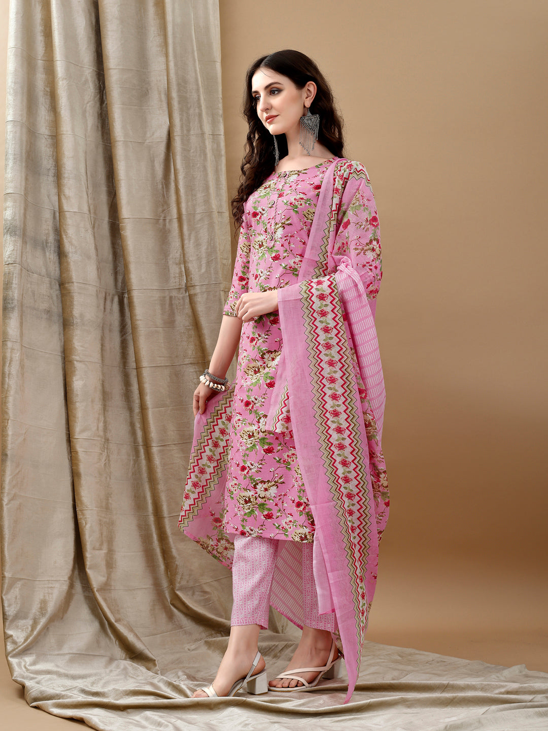 Floral Printed Kurta With Pant & Dupatta, Pink - Hiral Fashion | Grocsy
