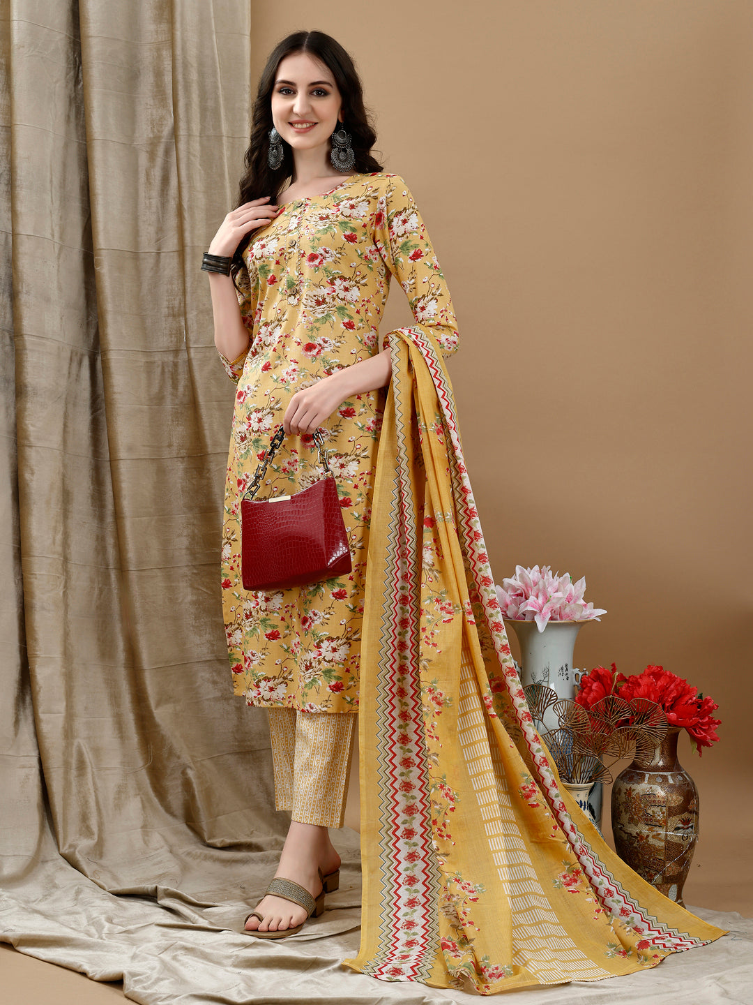 Floral Printed Kurta With Pant & Dupatta, Yellow - Hiral Fashion | Grocsy