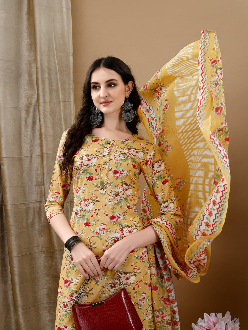 Floral Printed Kurta With Pant & Dupatta, Yellow - Hiral Fashion | Grocsy