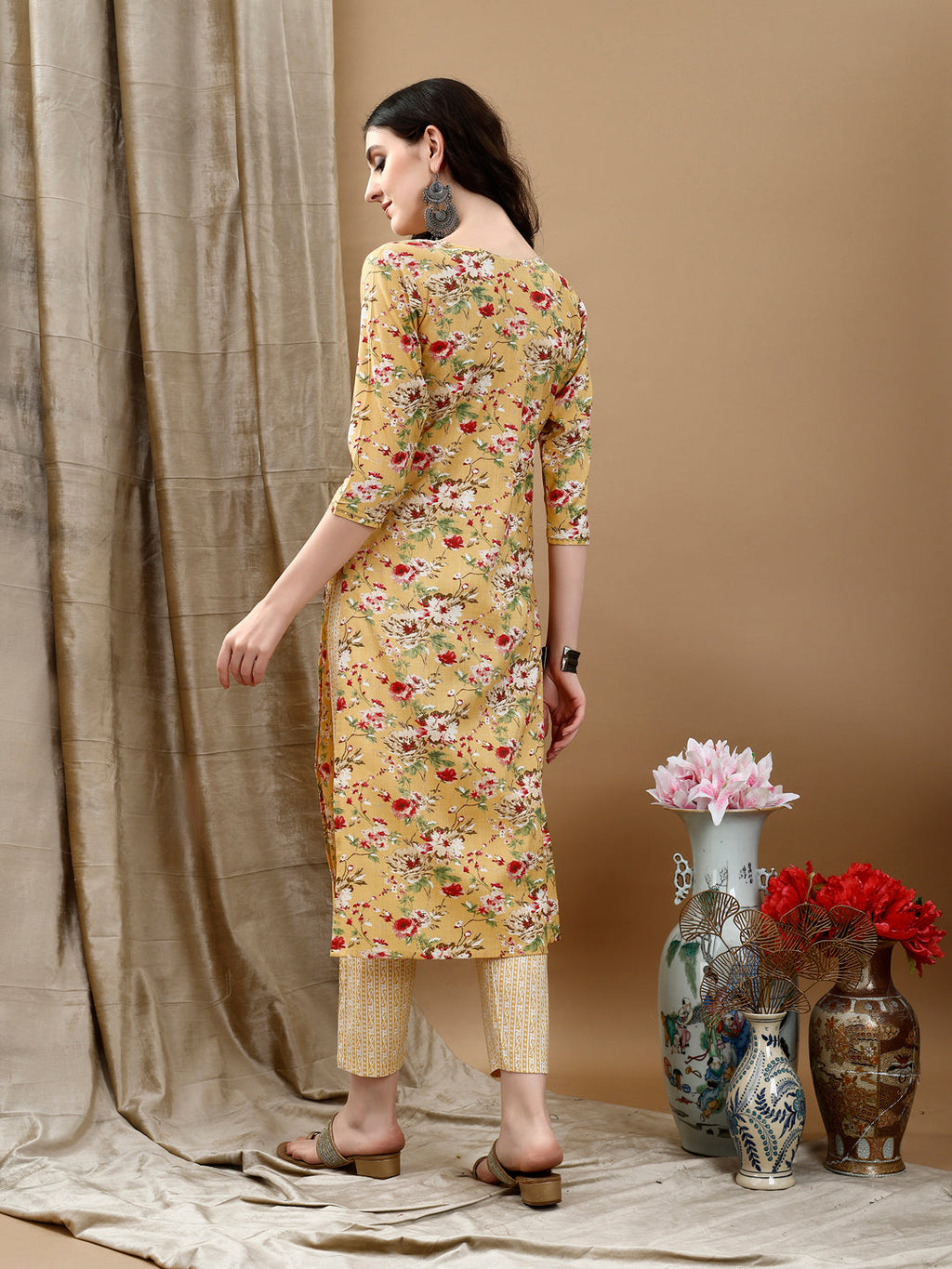 Floral Printed Kurta With Pant & Dupatta, Yellow - Hiral Fashion | Grocsy