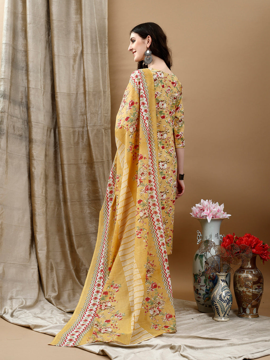 Floral Printed Kurta With Pant & Dupatta, Yellow - Hiral Fashion | Grocsy