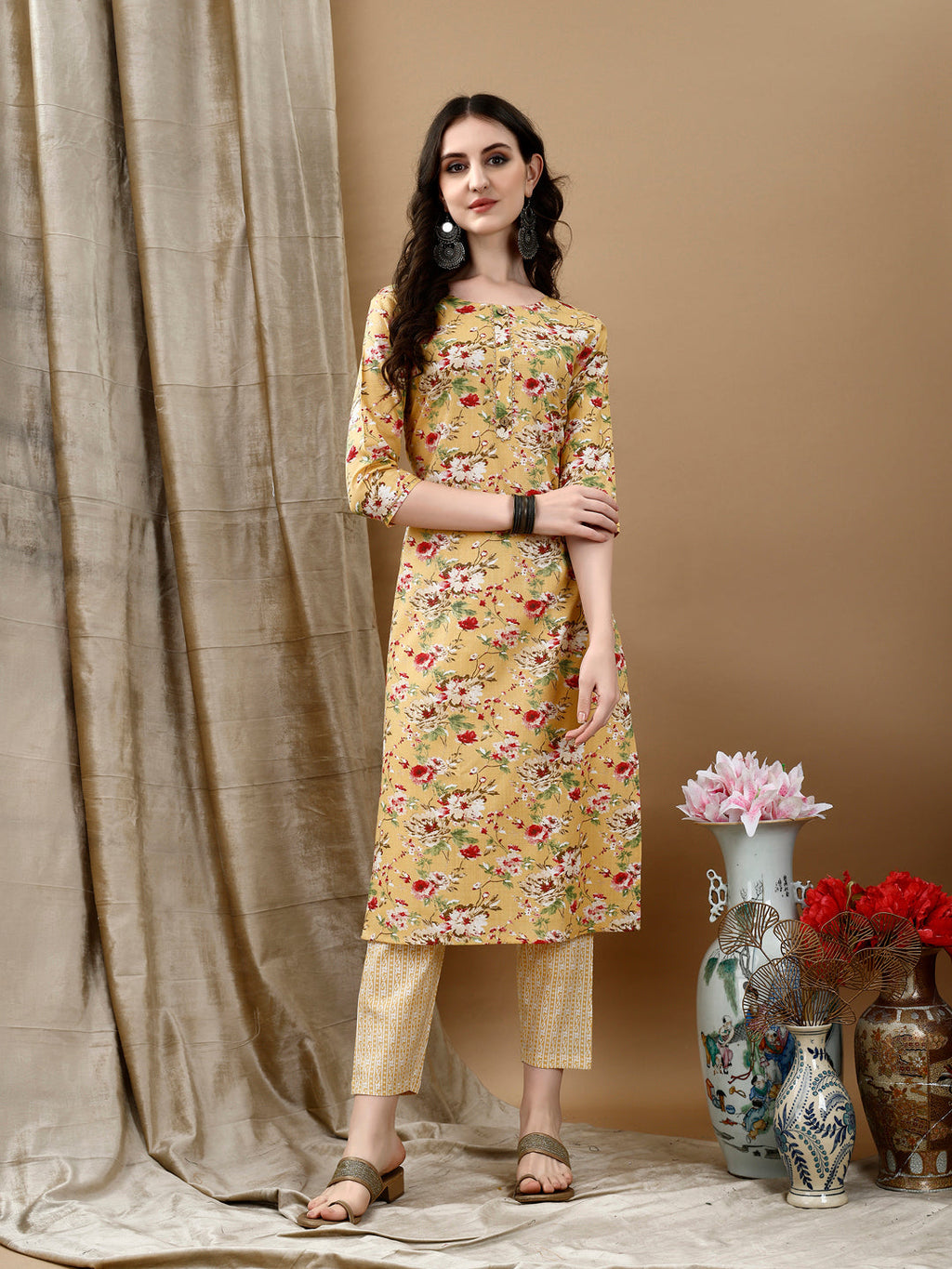 Floral Printed Kurta With Pant & Dupatta, Yellow - Hiral Fashion | Grocsy
