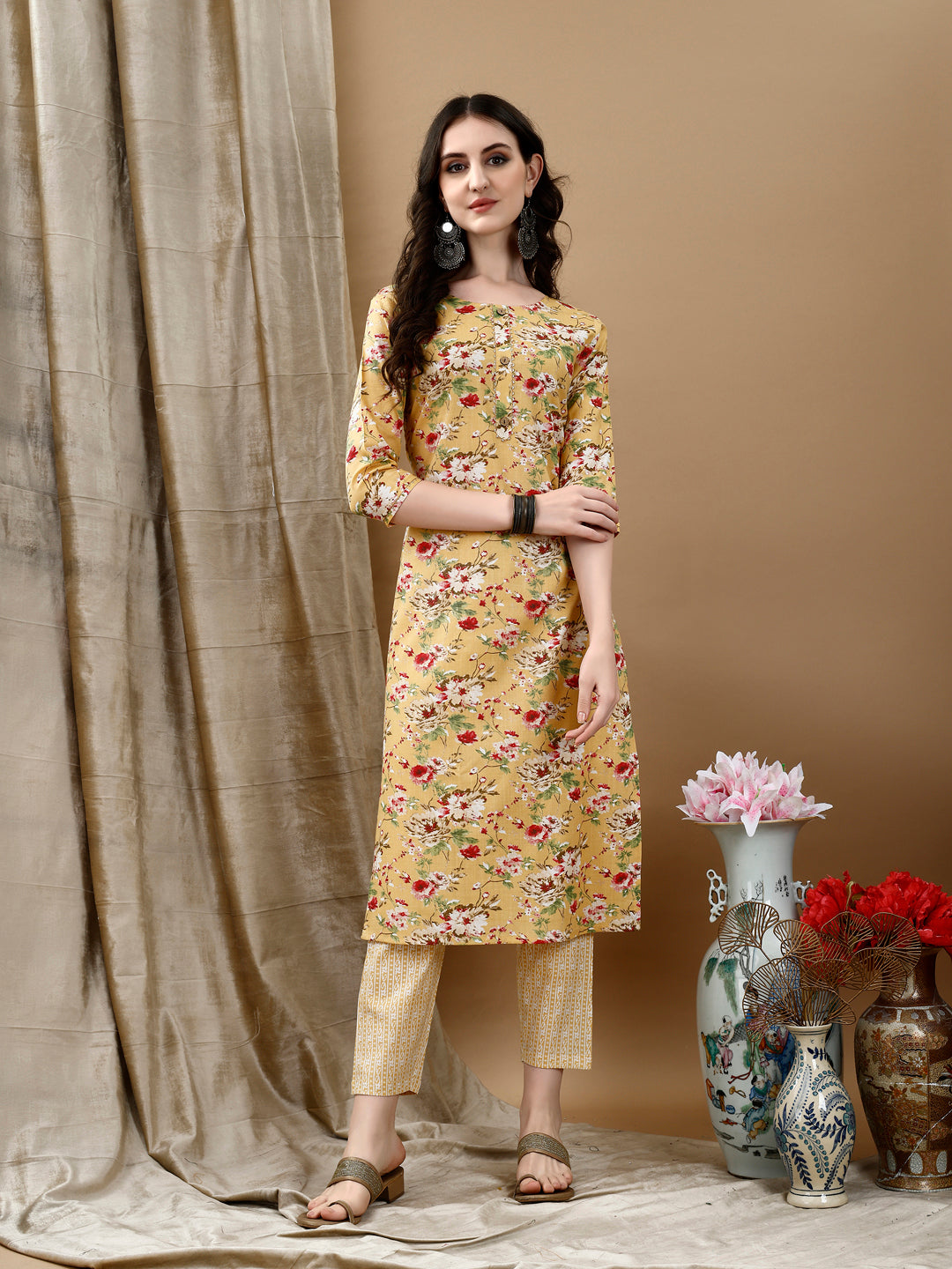 Floral Printed Kurta With Pant & Dupatta, Yellow - Hiral Fashion | Grocsy