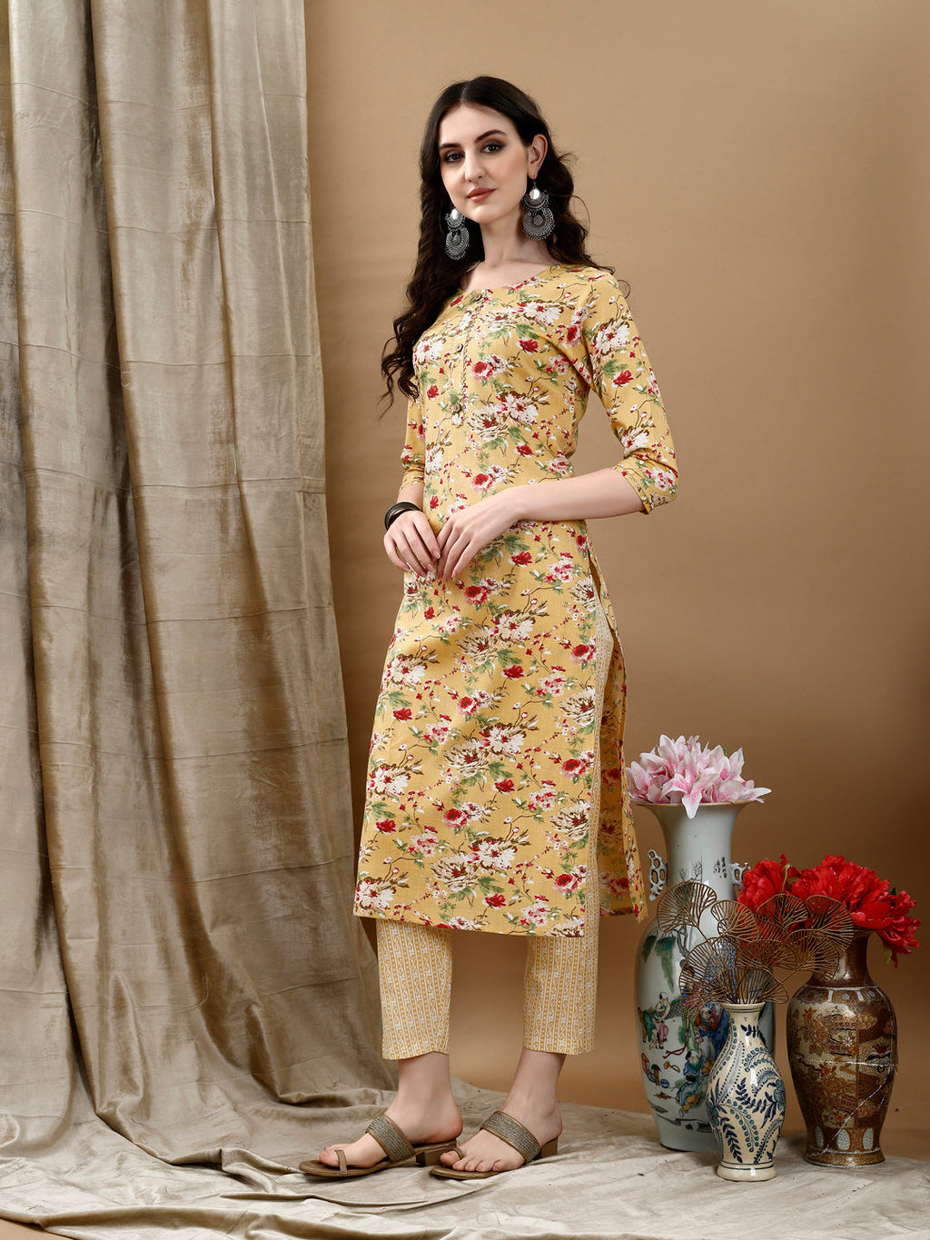 Floral Printed Kurta With Pant & Dupatta, Yellow - Hiral Fashion | Grocsy