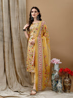 Floral Printed Kurta With Pant & Dupatta, Yellow - Hiral Fashion | Grocsy