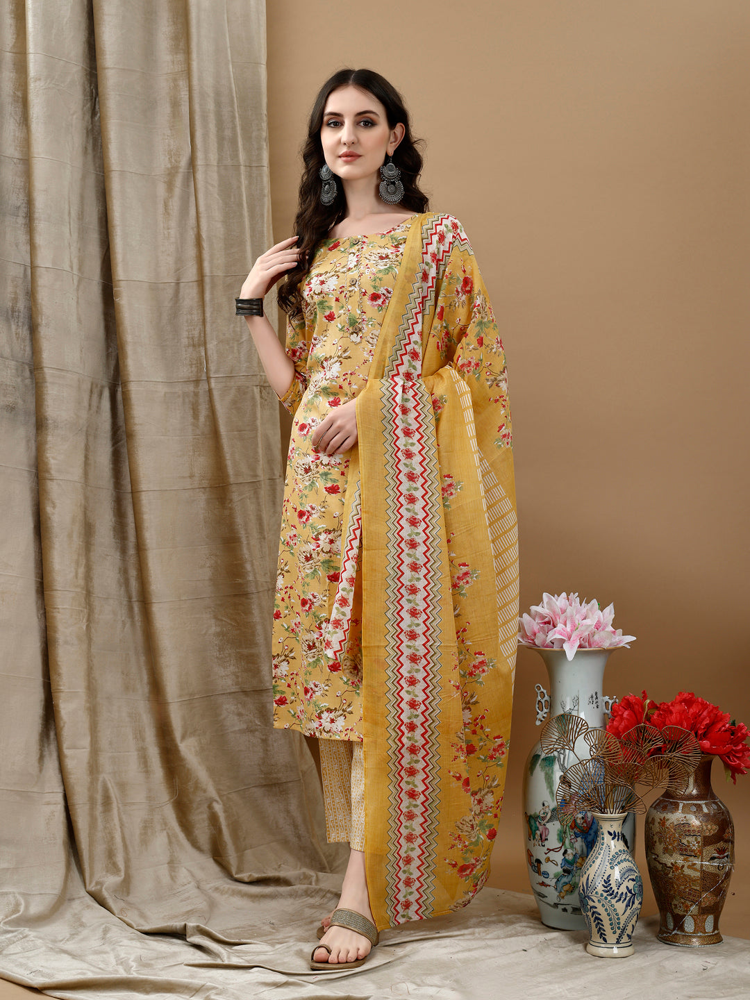Floral Printed Kurta With Pant & Dupatta, Yellow - Hiral Fashion | Grocsy