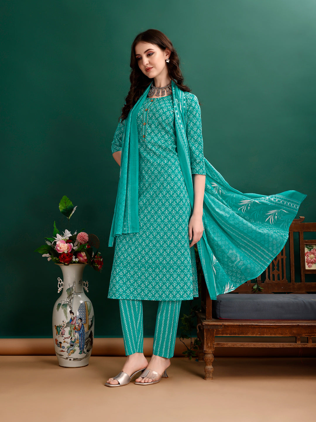 Ethnic Motifs Printed Kurta With Pant & Dupatta, Blue - Hiral Fashion | Grocsy