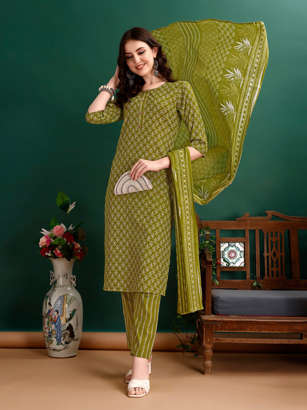 Ethnic Motifs Printed Kurta With Pant & Dupatta, Green - Hiral Fashion | Grocsy