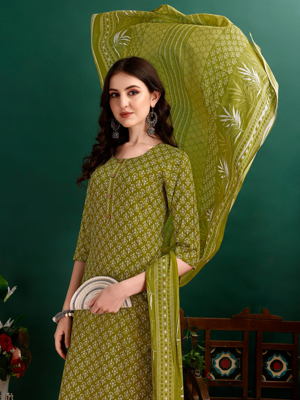 Ethnic Motifs Printed Kurta With Pant & Dupatta, Green - Hiral Fashion | Grocsy