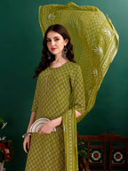 Ethnic Motifs Printed Kurta With Pant & Dupatta, Green - Hiral Fashion | Grocsy