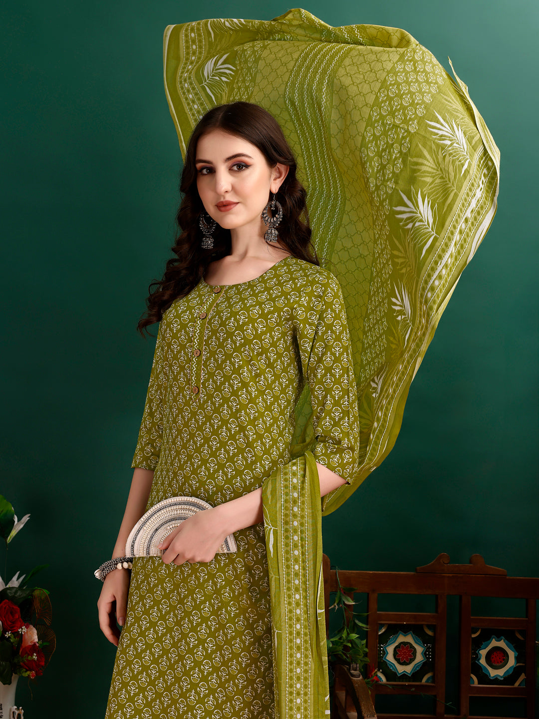Ethnic Motifs Printed Kurta With Pant & Dupatta, Green - Hiral Fashion | Grocsy
