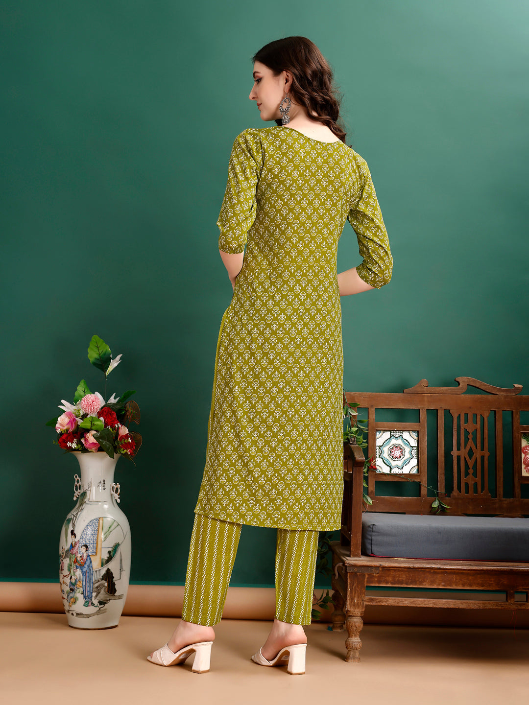 Ethnic Motifs Printed Kurta With Pant & Dupatta, Green - Hiral Fashion | Grocsy