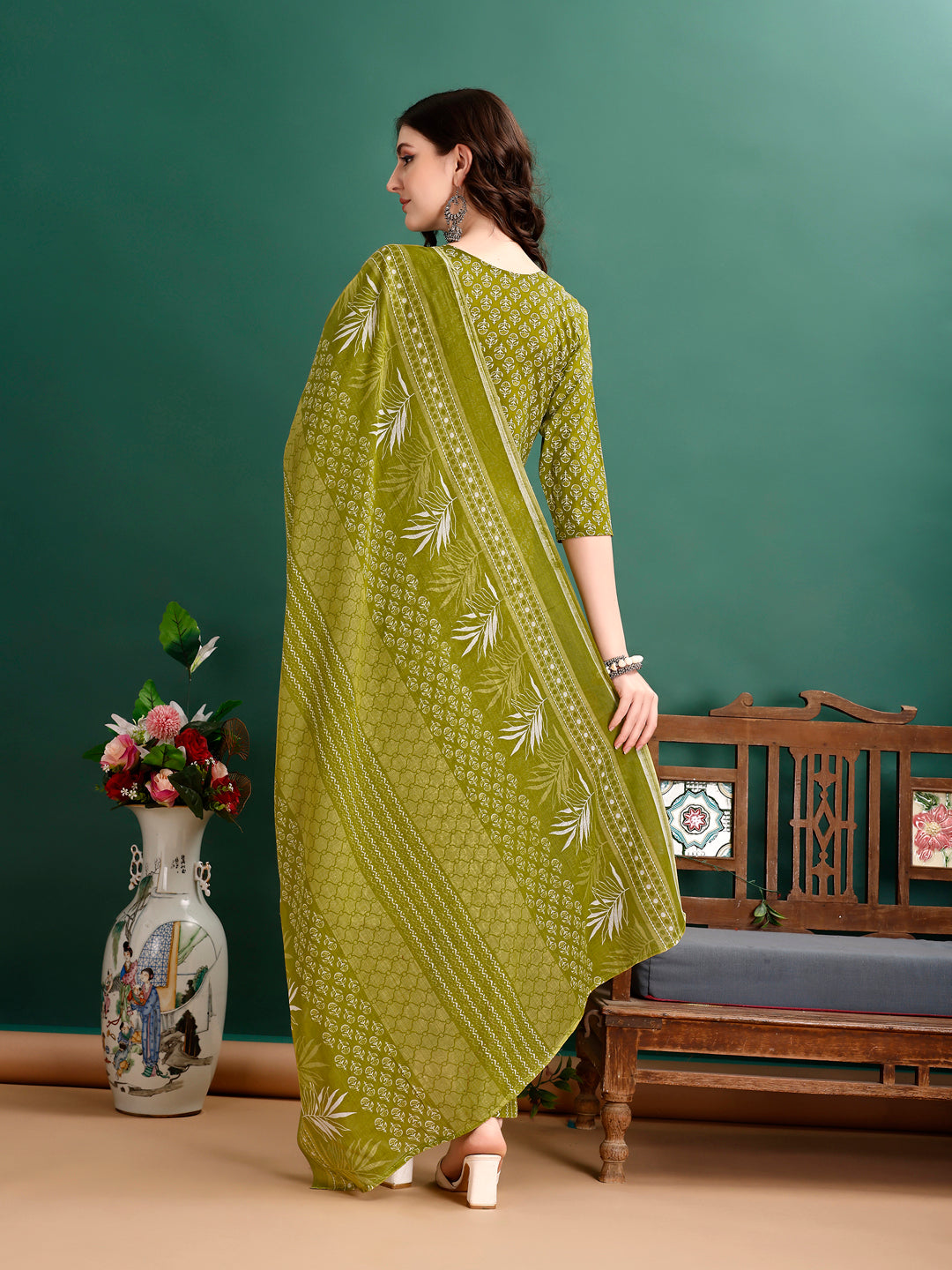Ethnic Motifs Printed Kurta With Pant & Dupatta, Green - Hiral Fashion | Grocsy