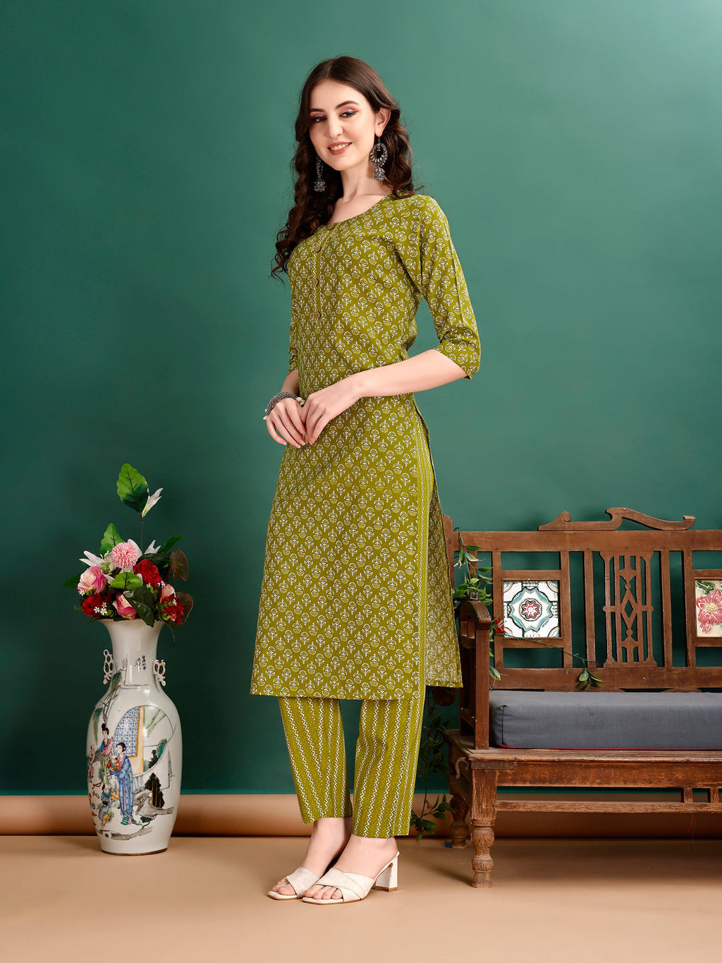 Ethnic Motifs Printed Kurta With Pant & Dupatta, Green - Hiral Fashion | Grocsy